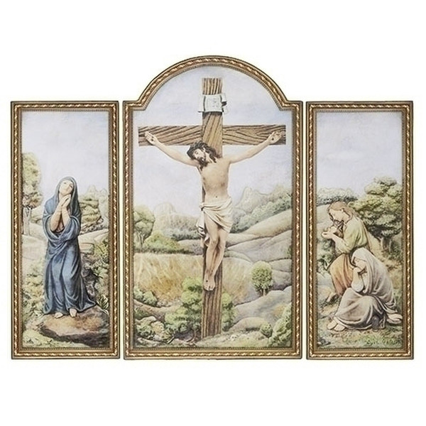 Crucifixion Triptych Mary Magdalene Wall Sculpture scene across the three panels